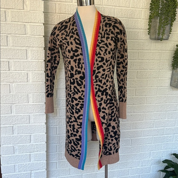 Orwell + Austen- Leopard Print long Cardigan with Rainbow Trim - Picture 2 of 10